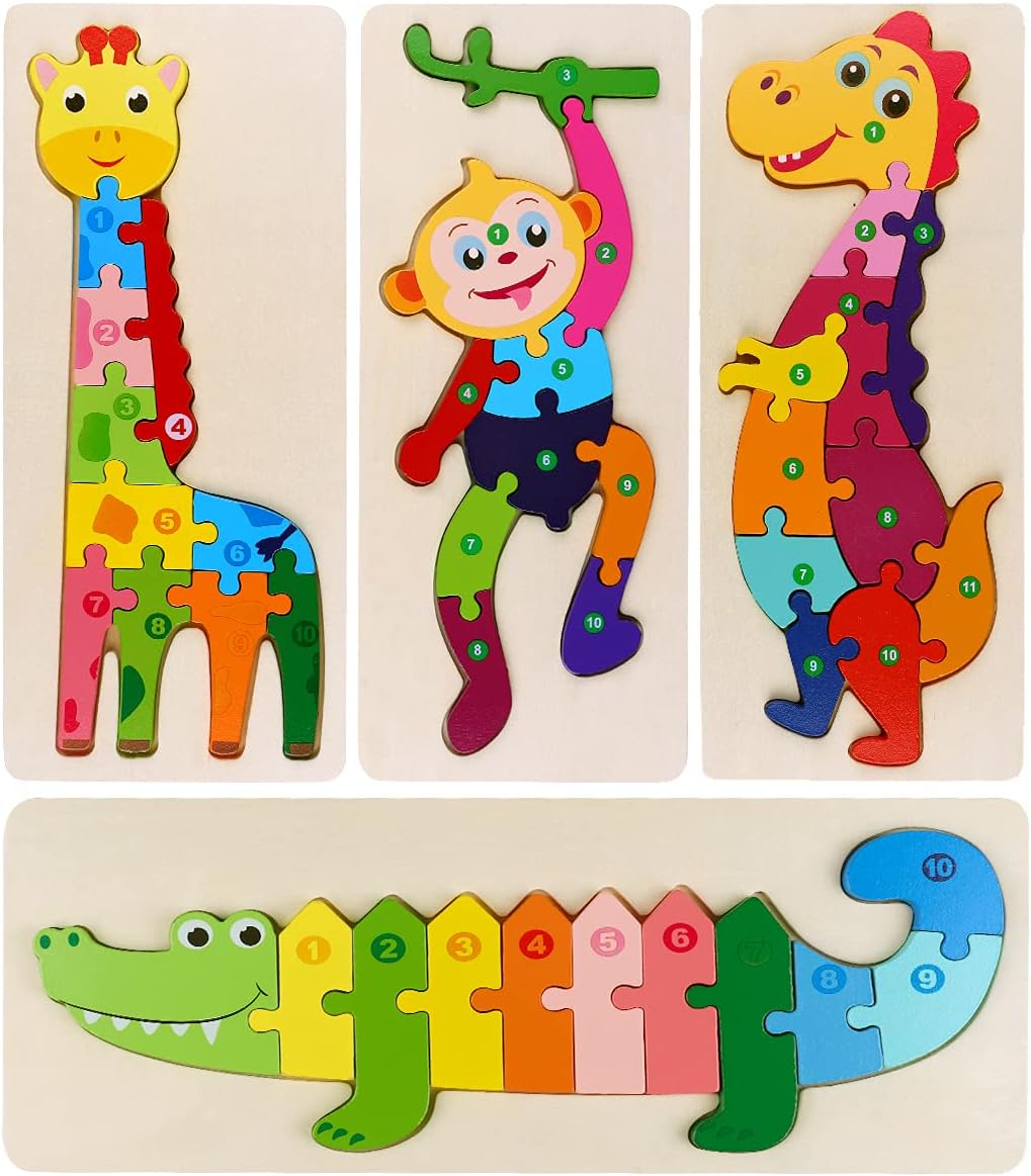 Wooden Jigsaw Puzzles for Toddlers, Dinosaur Animals Puzzles for Kids 1 2 3 Year Old Montessori Educational Games Shape Number Early Learning Toys Gift for Boys Girls.