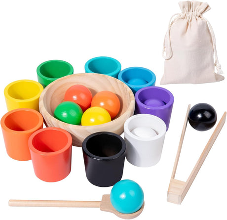 Auvewilo Color Sorting Wooden Montessori Toy, Balls in Cups Pairing Activity for Kids, Educational and Fun.