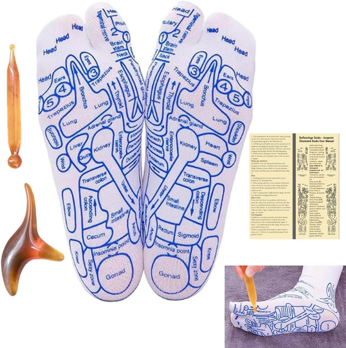 Reflexology Socks with Massage Tools Acupoint Socks，Acupressure Reflexology Socks，Foot Elastic Fiber Massage Socks with Massage Tools, Relieve Tired Physiotherapy Socks （1set+ Instruction Manual.