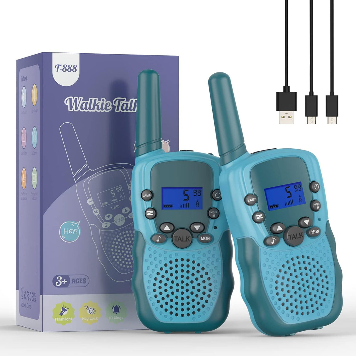 Rechargeable Walkie Talkies for Boys Girls, Bakoherp 8 Channels 2 Way Radio Toy with LED Flashlight, 3KM Long Range Walky Talky for Adventures, Camping, Hiking.