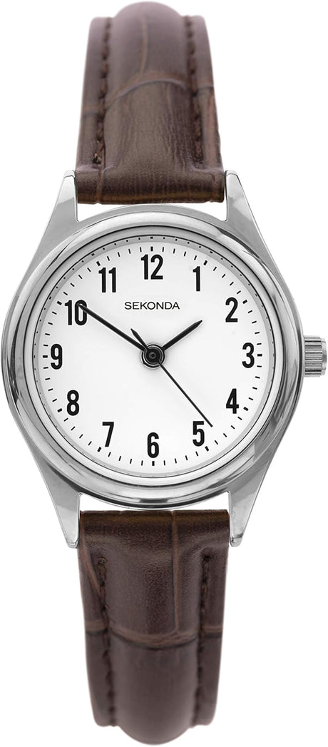 Sekonda Evans 27mm Womens Easy Reader Analogue 3 Hand Classic Quartz Watch White Dial Mineral Glass Leather Strap Stainless Steel Caseback.