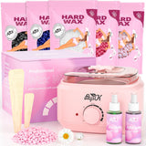 Waxing Kit, Professional Wax Kit for Women and Men with 5 Packs of 100g Wax Beads, Wax Pot, 20 Wax Saticks and 2 Wax Sprays, Hot Waxing Kit for Face, Arms, Legs, Bikini and Full Body Hair Removal.