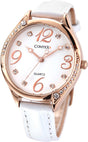 COMTEX Ladies Watches White Large Face Leather Rose Gold Tone White Leather Strap Fashion Watches.