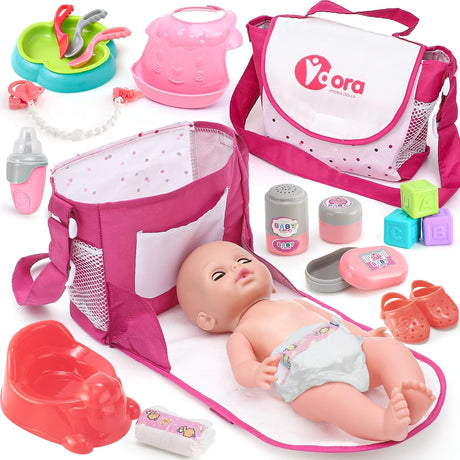 Toyssa Baby Doll Accessories Playset, Baby Doll Toys with Changing Bag Feeding Set Baby Doll Nappies Bottle Bath, Pretend Play Doll Care Set Gifts Toys for Kids Girls (Baby Doll Not Included).