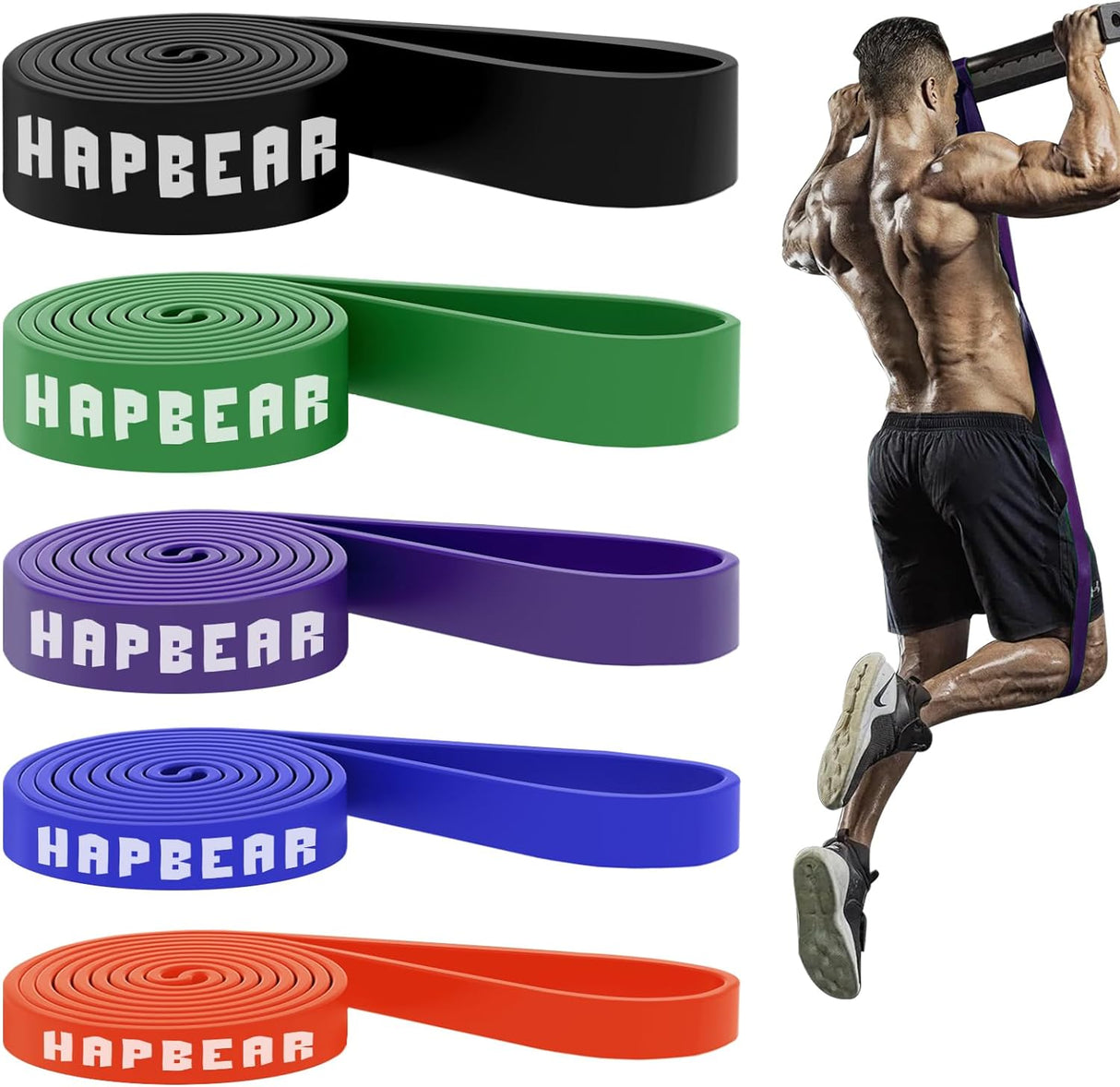 HAPBEAR Pull Up Bands Set - Resistance Bands for Men and Women - Exercise Workout Bands - 5 Different Levels, Heavy Duty, Long, Pull Up Assist Bands Set for Build Fit Power & Muscle.