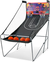 COSTWAY Foldable Basketball Arcade Game, Dual Shot Electronic Basketball Game with 8 Modes, 4 Balls and LCD Scoreboard, Indoor Basketball Hoop for Kids, Adults (Black).