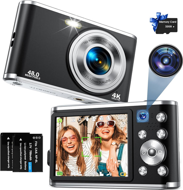 Digital Camera, AutoFocus 4K Vlogging Camera with Dual Camera 48MP 16X Digital Zoom Kids Compact Camera with 32GB Memory Card Portable Point and Shoot Cameras for Teens Beginner (Black).