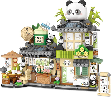 QLT QIAOLETONG Street View Tea Shop Mini Building Blocks, MOC Creative Building Toys Cute Panda Animals Building Set for Girls 6-12 Architecture Construction Toy, Gift for Kids Adults (860PCS).