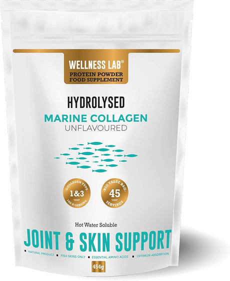 Cleanest Marine Collagen Peptides | Wellness Lab 454g | Type I,III | Highest Bioavailability Hydrolysed Protein for Joints & Skin | 100% Natural | UK Made | Amino Acids (Pouch - 454g).