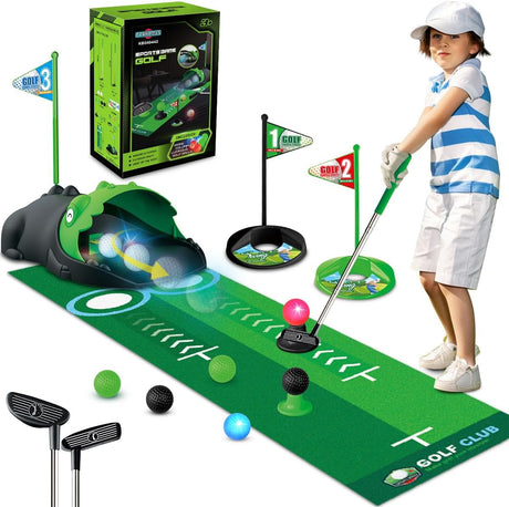 TERRAMUS Kids Toy Golf Club Set with Automatic Ball Returner, Led Light Up Night Golf Balls, Golf Putting Mat, 3-5 Toddler Mini Golf Games, Indoor Outdoor Sport Toys Gifts for Boys Girls Aged 3 4 5 6.