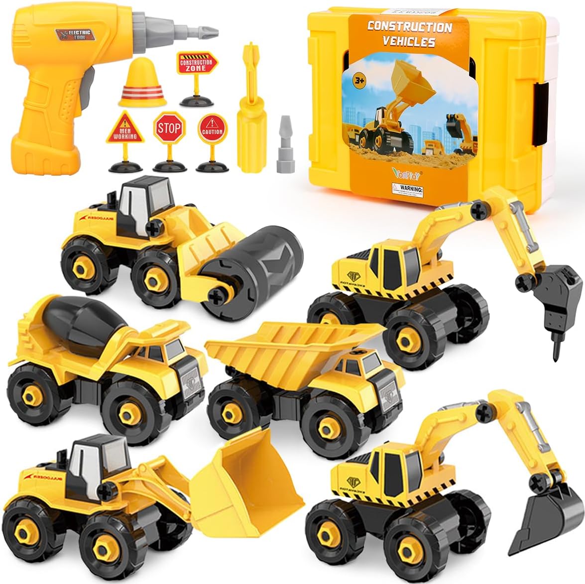 Vanplay 6 in 1 Take-Apart Construction Vehicles include Toy Drill & Box, Digger Excavators Truck Building STEM Learning Gift, Electric Drill Toy Set for Boys Girls 3 4 5 years old.