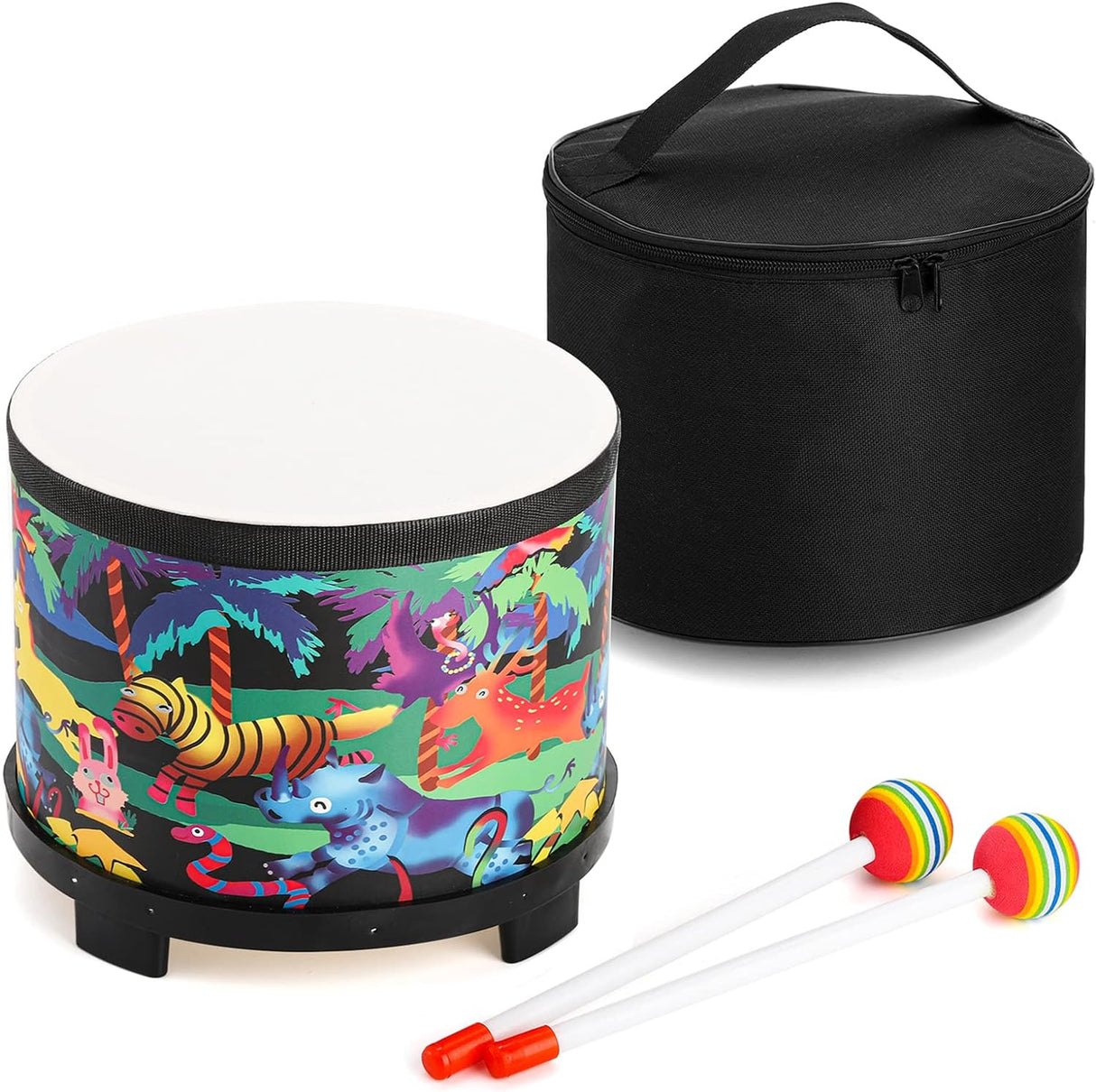 Tosnail 8 Inch Floor Tom Drum with Storage Bag and Mallets for Kids, Percussion Instrument for Children, Christmas Birthday Gifts - Jungle.