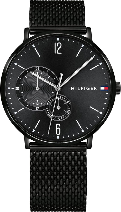 Tommy Hilfiger Men's 40mm Analogue Multifunction Quartz Watch - Black Dial, Stainless Steel Mesh Bracelet with Black IP, 2 Sub-Dials, 3ATM Water Resistance - 1791507.