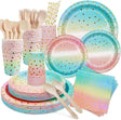 DN DENNOV 168PCS Pink and Gold-Pastel Party Supplies, Severs 24 Disposable Party Dinnerware Include Paper Party Plates, Cups, Napkins, Straw, Wooden Fork Spoon for Wedding.