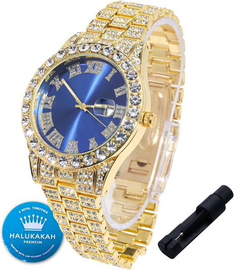 HALUKAKAH Diamonds Gold Watch Iced Out for Boy Teens Kids - 18K Real Gold/Platinum Plated,42mm Blue/Green/Red Dial,Japanese Quartz - 20cm Length,with Watch Adjuster Tool - for Birthday,Parties.