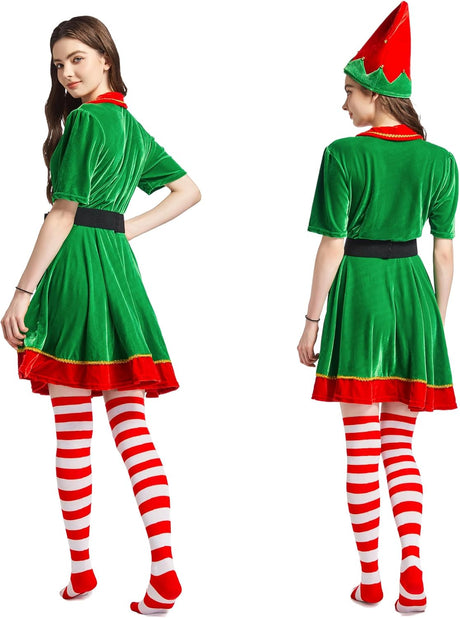 JESOHO Womens Holiday Elf Costume Dress and Stand-up Hat Elf Costume for Women with Sock and Belt.