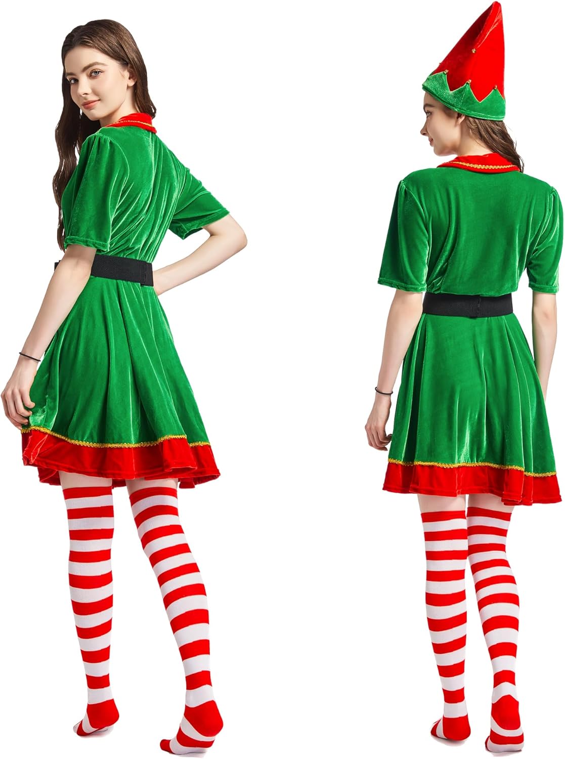 JESOHO Womens Holiday Elf Costume Dress and Stand-up Hat Elf Costume for Women with Sock and Belt.