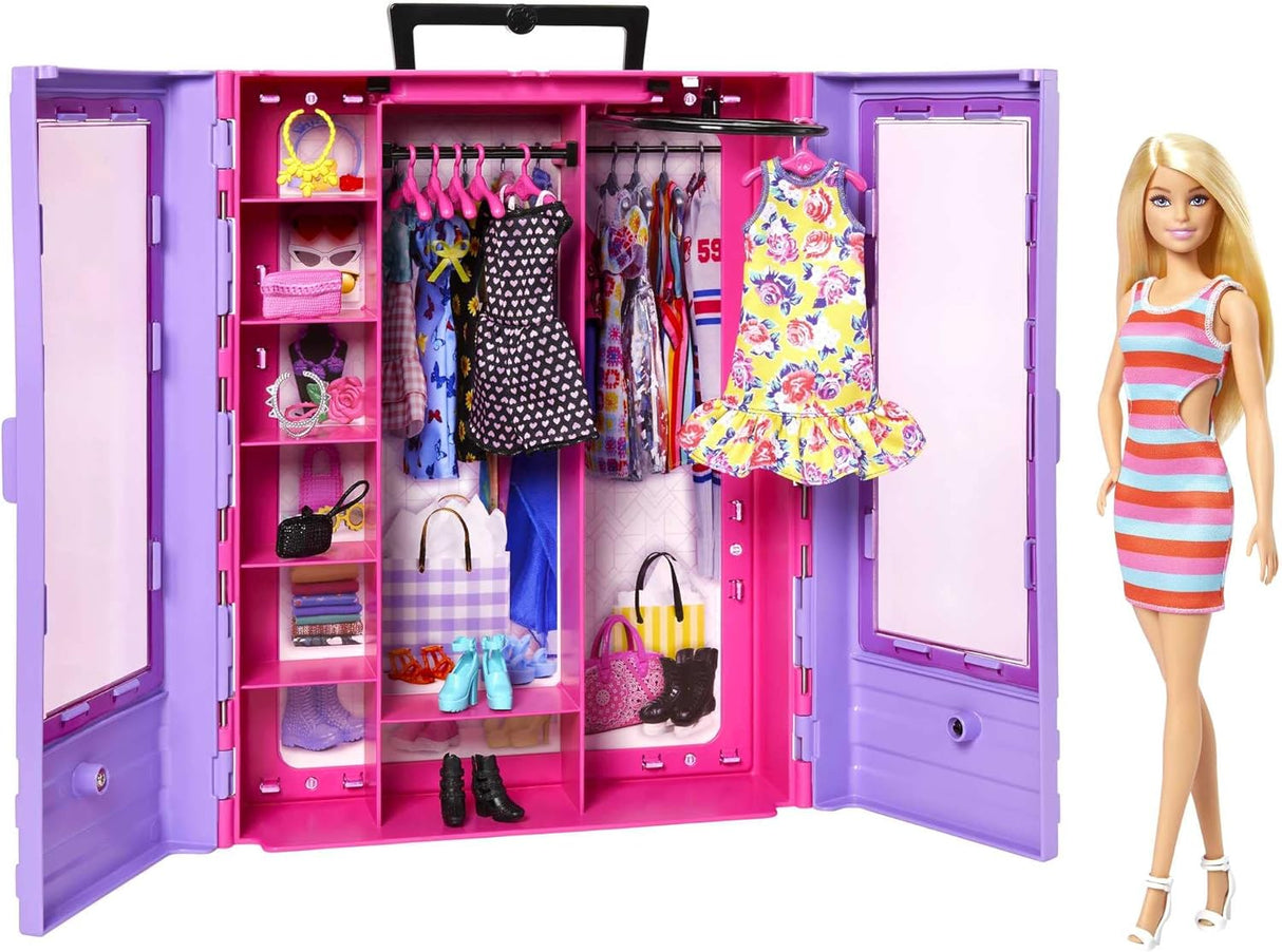 Barbie Fashionistas Ultimate Closet and Doll, One Blonde Barbie Doll with 3 Barbie Outfits, 6 Barbie Hangers and 15 Doll Accessories, Toys for Ages 3 and Up, One Doll and One Closet, HJL66.