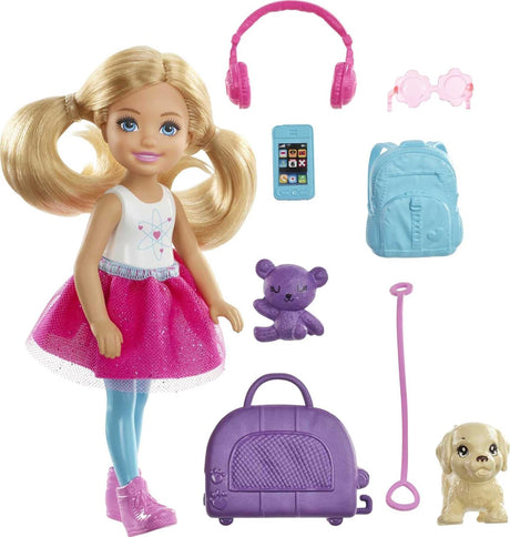 Barbie Dreamhouse Adventures Doll, Blonde Chelsea Doll with Pink Skirt, Toy Puppy, Backpack, Travel Set and Doll Accessories, Toys for Ages 3 and Up, One Barbie Doll, FWV20.