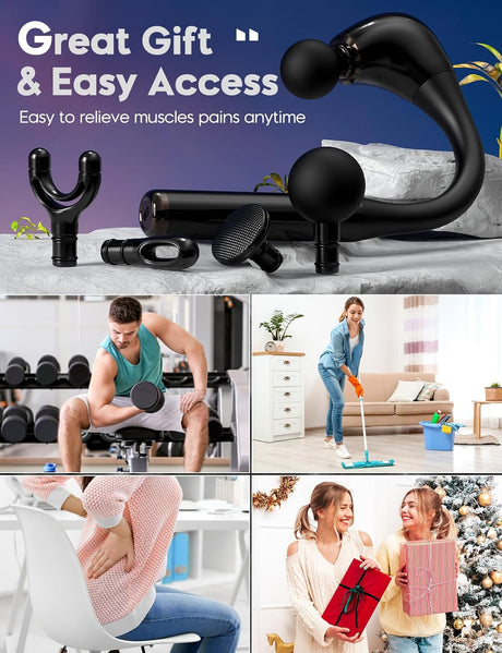 Massage Gun with Upgraded U-Shaped Extension Handle, 16MM Massage Gun Deep Tissue,Back Massager, Muscles/Neck/Shoulders/Waist/Legs Massager Portable for Pain Relief, 4 Massage Heads & 5 Speed Levels.