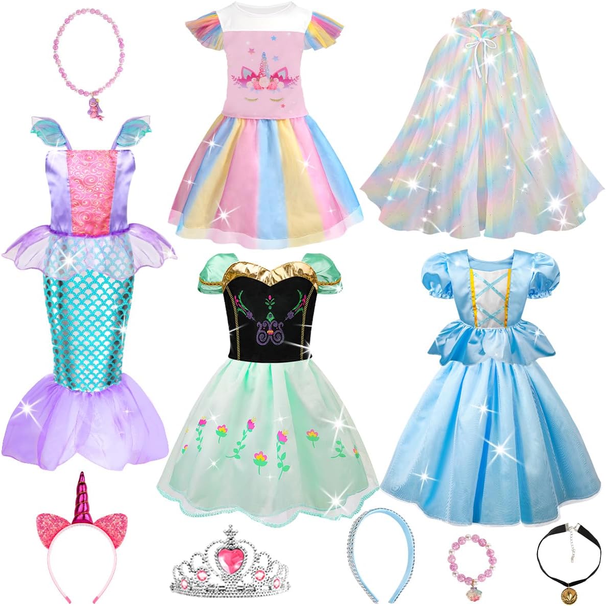 Princess Costumes for Girls - 4 Sets of Princess Fancy Dresses for Little Girls Aged 3-8 - Princess Toys Dress Up Clothes with Cloak, Crown, Jewelries Accessories for Kids Role Play.