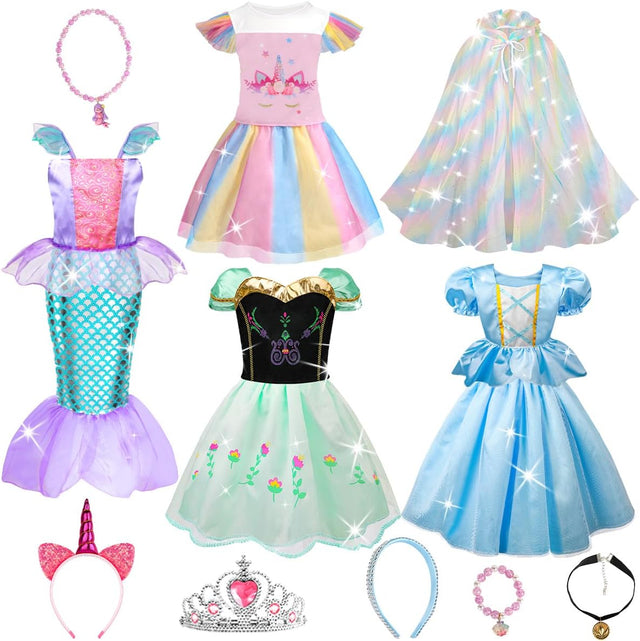 Princess Costumes for Girls - 4 Sets of Princess Fancy Dresses for Little Girls Aged 3-8 - Princess Toys Dress Up Clothes with Cloak, Crown, Jewelries Accessories for Kids Role Play.