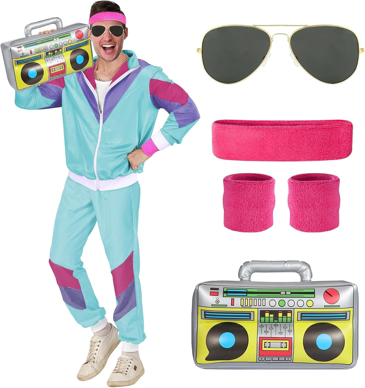 BIQIQI 80s 90s Fancy Dress Costumes Men Women, 80s Shell Suit Costume Retro Tracksuit with Pilot Glasses Headband Wristbands Inflatable Boom Box, 1980s Fancy Dress for Carnival Parties Halloween.