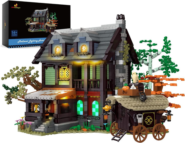 JMBricklayer Medieval Inn Building Blocks Sets 31103 - A Frame Cabin Hotel Castle with LED Lighting, Large MOC Medieval Street View Modular House Model, Ideas Gifts for Girls Boys Adults (2710Pieces).