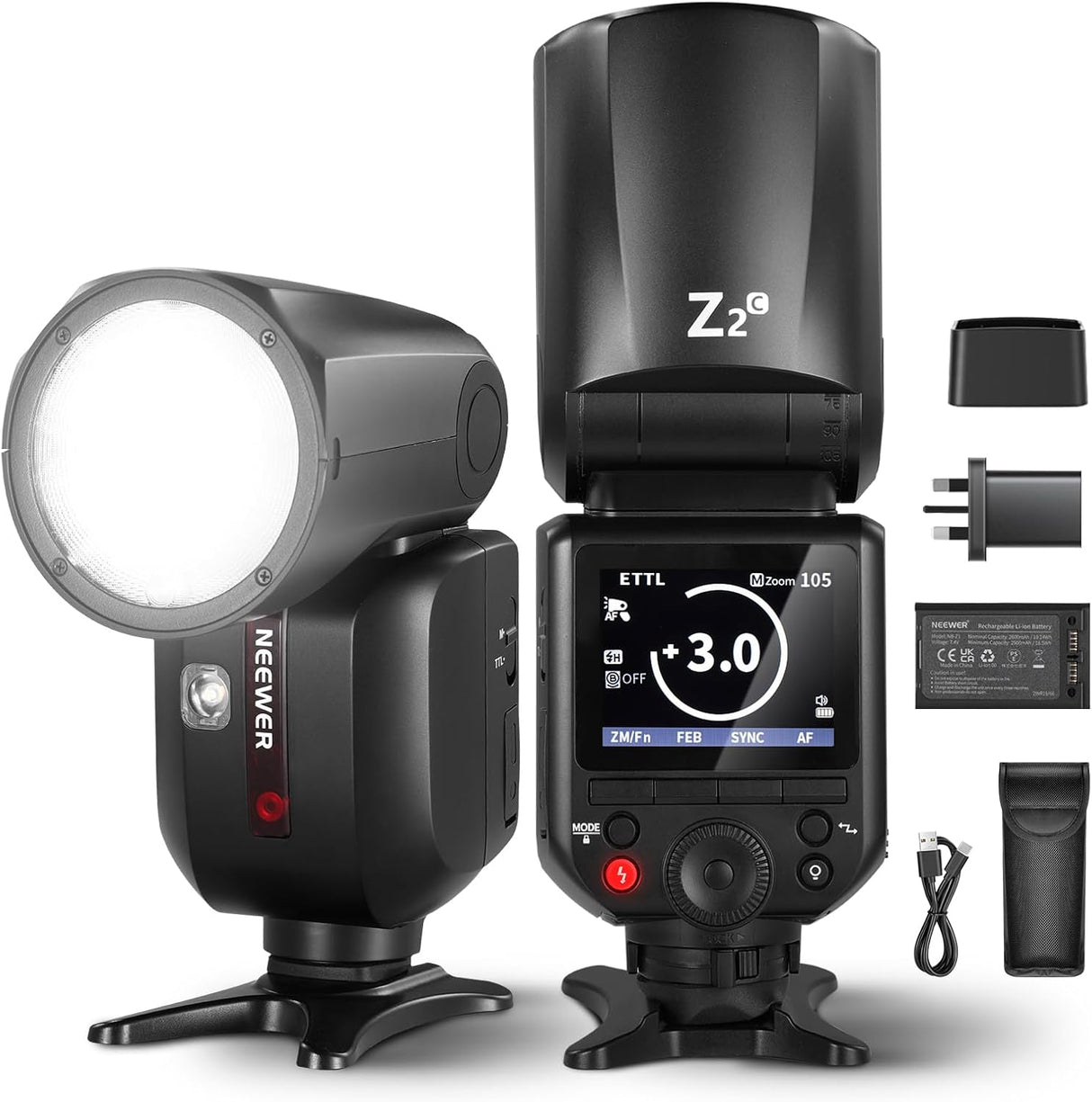 NEEWER Z2-C 2.4G TTL Round Head Flash Speedlite for Canon, Upgraded UI, 2 Adjustable Modeling Lamps, TTL/M Quick Switch TCM Key, 76Ws Speedlight 1/8000s HSS 7.4V/2600mAh Battery 480 Full Power Flash.