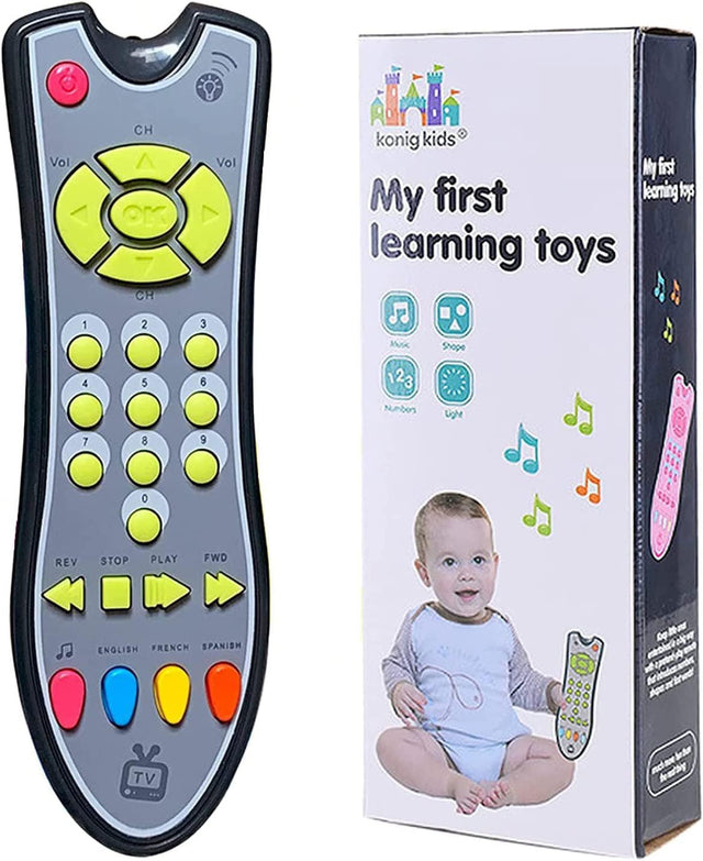 KECOLNA Kids Realistic TV Remote Control Toy with Musical Sound and Soft Light, Early Educational Toy with English Spanish and French 3 Language, Sensory Learning Toys for 18 Months+ Toddlers.