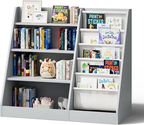 Kids Bookshelf, Five Layer Sling Children Bookcase, Baby Storage Wooden Book Rack, Book and Toy Organizer Cabinet Book Display, for Playroom,Bedroom,Toddler Room,Nursery,Classroom (Burlywood).