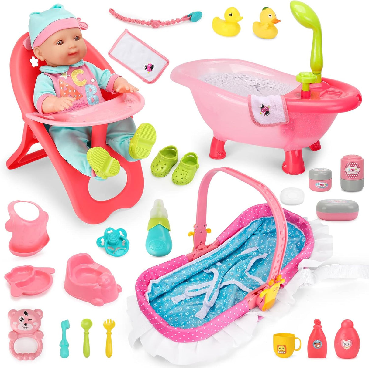 deAO 14" Baby Doll Play Set 25 Pcs Baby Doll Accessories with High Chair, Bath, Crib, Feeding Accessories, Pretend Play Baby Dolls for 3+ Year Old Girls, Christmas Birthdays.