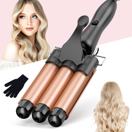 3 Barrels Hair Waver for Large, Waver Curling Wand-25mm Curling Iron with PTC Ceramic Barrels, Temperature Setting and Quick Heating with Heat-resistant Glove - Rose Gold.