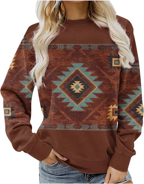 AMhomely Autumn Sweatshirt for Womens Clearance Vintage Long Sleeve Tunic Sweatshirt Teens Crewneck Pullover Jumper Aztec Printed Sportswear Tops Size 10-20 UK.