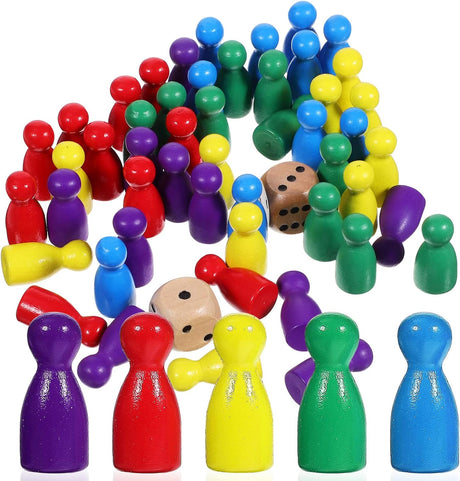 STOBOK 50 Pcs Multicolor Pawns Wooden Pawns Board Game Pieces Board Game Pawns with 2 Dice Tabletop Markers Chess Pieces for Board Games.