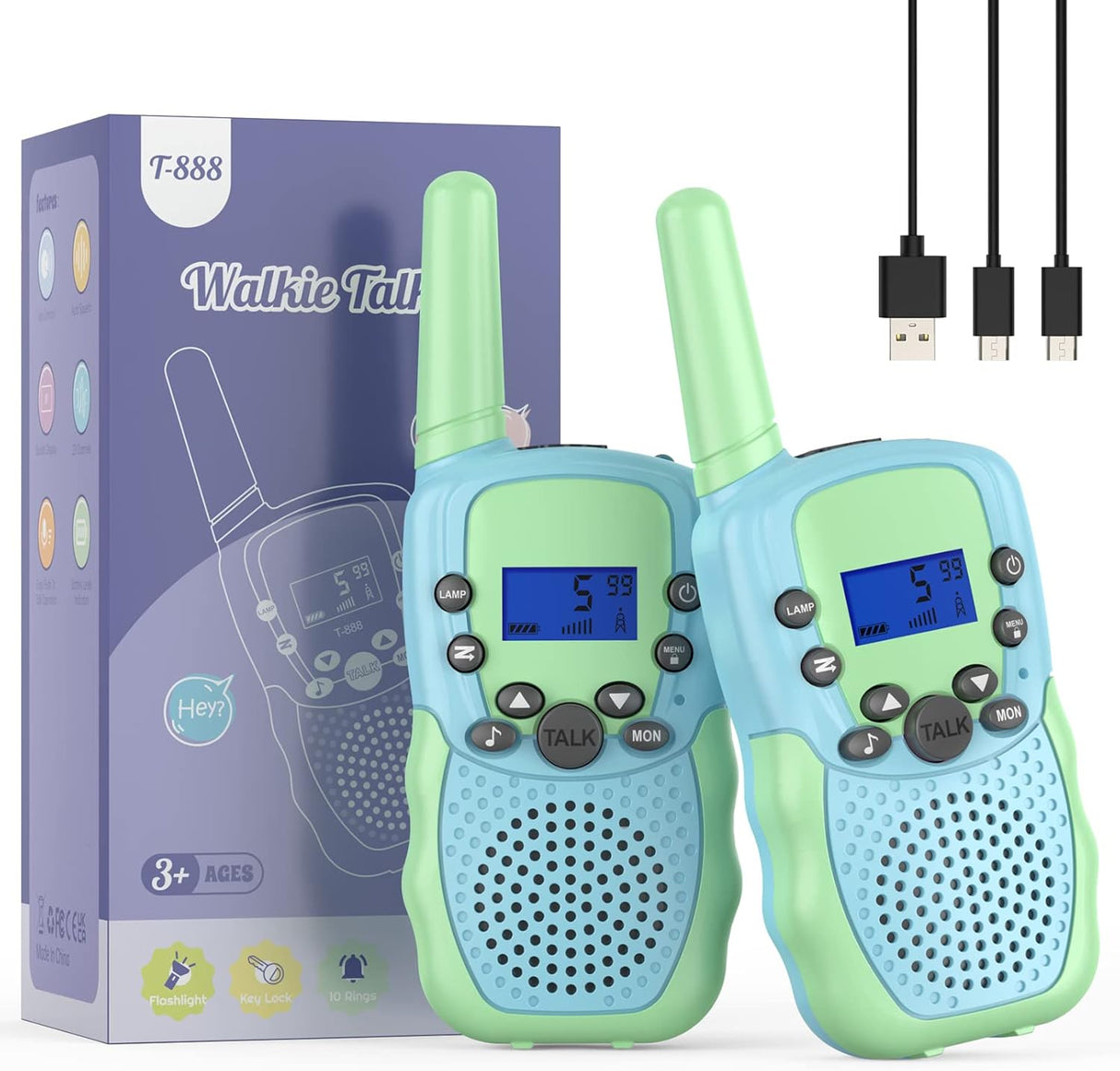 Rechargeable Walkie Talkies for Boys Girls, Bakoherp 8 Channels 2 Way Radio Toy with LED Flashlight, 3KM Long Range Walky Talky for Adventures, Camping, Hiking.