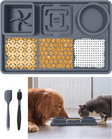 3 in 1 Slow Feeder Dog Bowls,Water Bowls, Feeding Mats for Dogs With 52Pack Strong Suction/1 Brush/1 Spatula ECO Friendly Material for Dogs and Cats Elevated Dog Bowls Home Travle Useable Gray