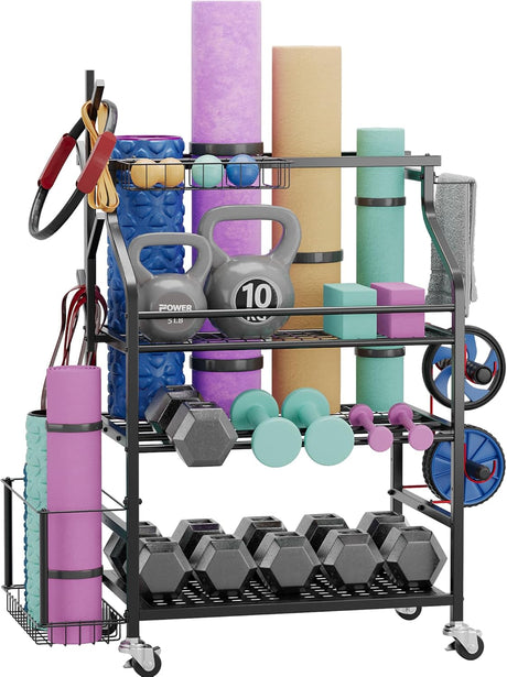 Sttoraboks Dumbbells Rack,Weight Rack for Kettlebell, Weight Stand,Home Gym Storage Holder for Yoga Mat, Foam Roller,Yoga Strap,Resistance Bands,Garage Storage Organizer,Workout Storage with Wheels.