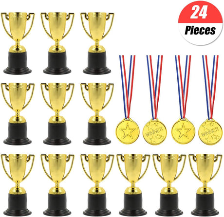 YuChiSX 24 Pcs Award Trophies Medals Set,12 Pcs Winner Award Trophies Mini Plastic Trophy Cups,12 Pcs Winner Medals for Party Bag Fillers.