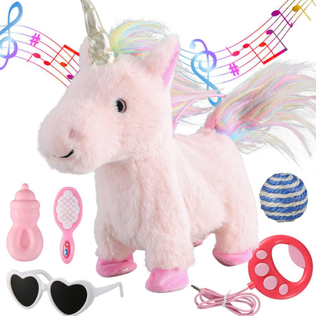 Walking Unicorn Toy Set Singing Dancing Electronic Plush Unicorn with Leash, Touch Control Realistic Footsteps, Nodding, Tail Wagging, Pretend Dress Up Cute Wings Unicorn Animated Pet Gift for Girl.