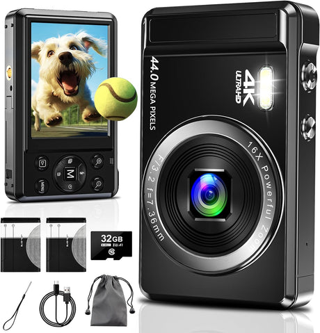 4K Digital Camera 44MP Autofocus - Compact Camera with 32G SD Card & 2 Batteries 16X Digital Zoom Portable Digital Camera for Kids Teen Students Seniors Beginner.