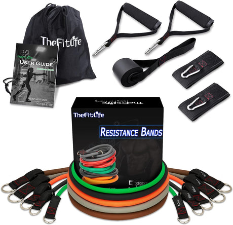 TheFitLife Exercise Resistance Bands with Handles - 5 Fitness Workout Bands Stackable up to 110/150/200/250/300 lbs, Training Tubes with Large Handles, Ankle Straps, Door Anchor, Carry Bag.