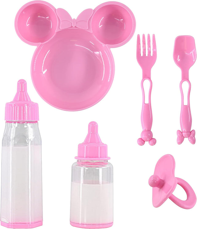 6 Pc Baby Doll Feeding Set with Two Magic Milk Bottles, Dummy, Plate, Fork & Spoon Pretend Play Doll Accessories Girls Boys Toy Playset Gift for Kids.