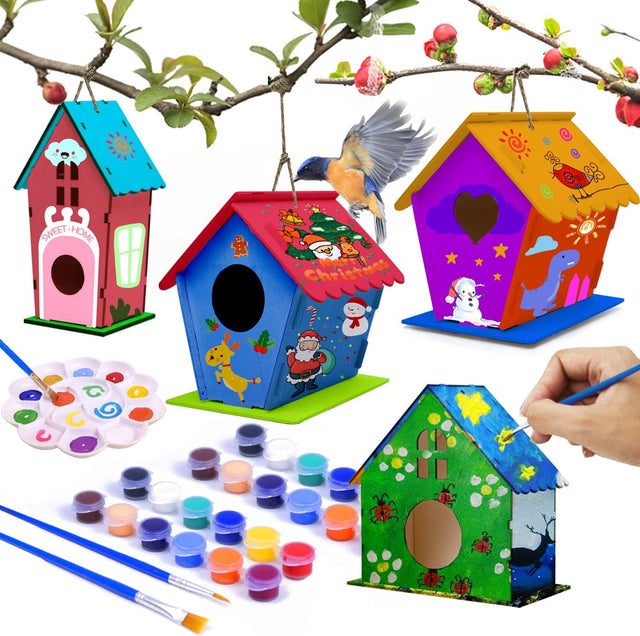 hapray 4 Pack DIY Bird House Kit, Crafts for Children to Build and Paint Birdhouse (Includes Paints & Brushes) Wooden Arts for Kids Girls Boys Toddlers Gifts Halloween Christmas.