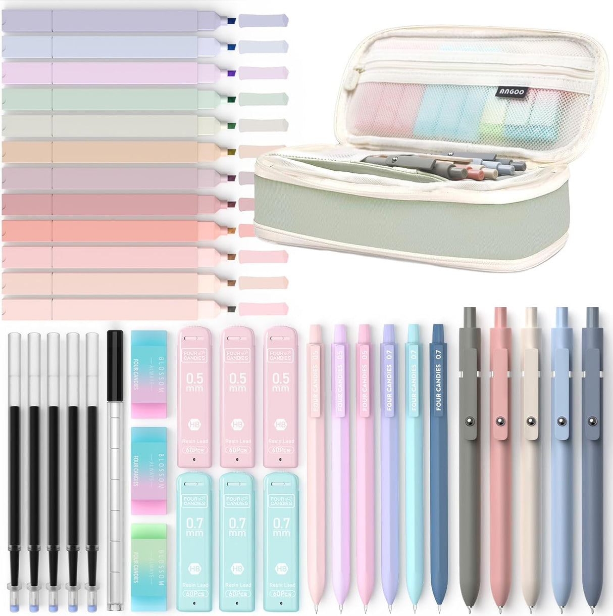 Four Candies 39 PCS Aesthetic School Supplies with Cute Pen Case, 12 Pastel Highlighters, 5 Black Ink Gel Pens, 6 Mechanical Pencils Set 0.5 & 0.7 mm for Students Stationary College Essentials (Pink)