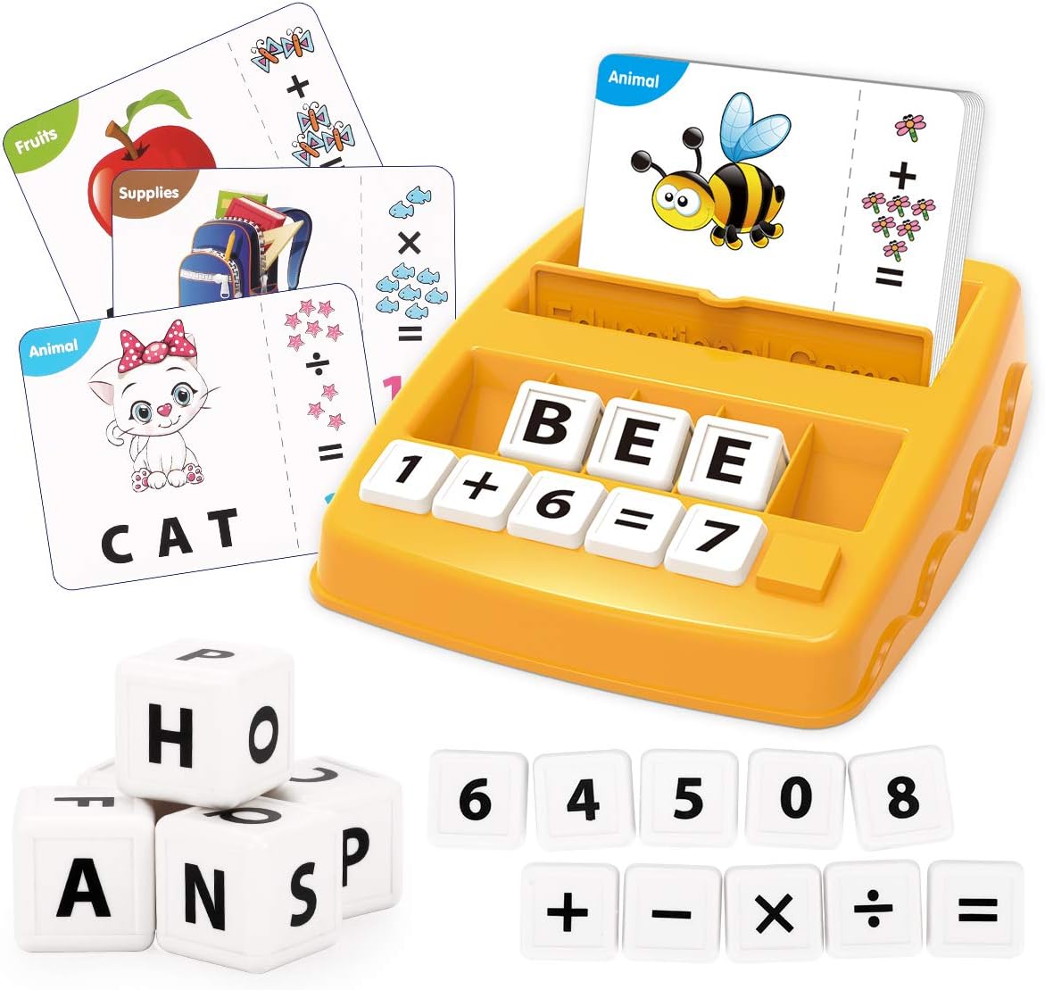 REMOKING Kids Toys for 3-8 Year Old Boys Girls,Match Letter and Spell Word Game with Flash Cards,Alphabet and Math Puzzle,Educational Learning Board Game,Gift Toy for 3 4 5 6 7 Years Old Kids(Yellow).