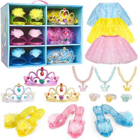 Princess Dress Up Shoes - Girls Princess Toys Costume with 3 Crowns Tiaras, 3 Pairs of Play Shoes, 3 Skirts Princess Accessories for Girls Birthday Gifts for Kids.