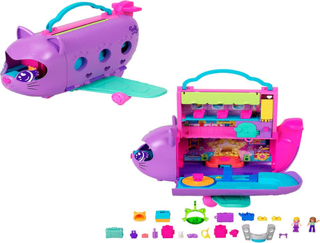 Polly Pocket Dolls and Playset, Kitty Airways Airplane, Travel Toy with 2 Micro Dolls and Pet, Spinning Stage and Accessories.