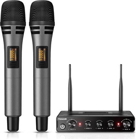 TONOR Wireless Microphones, UHF Cordless Dual Handheld Dynamic Karaoke Singing Mic System with Receiver for Karaoke, Wedding, DJ, Party, Speech, Church, Class, Outdoor Events TW350 Grey.