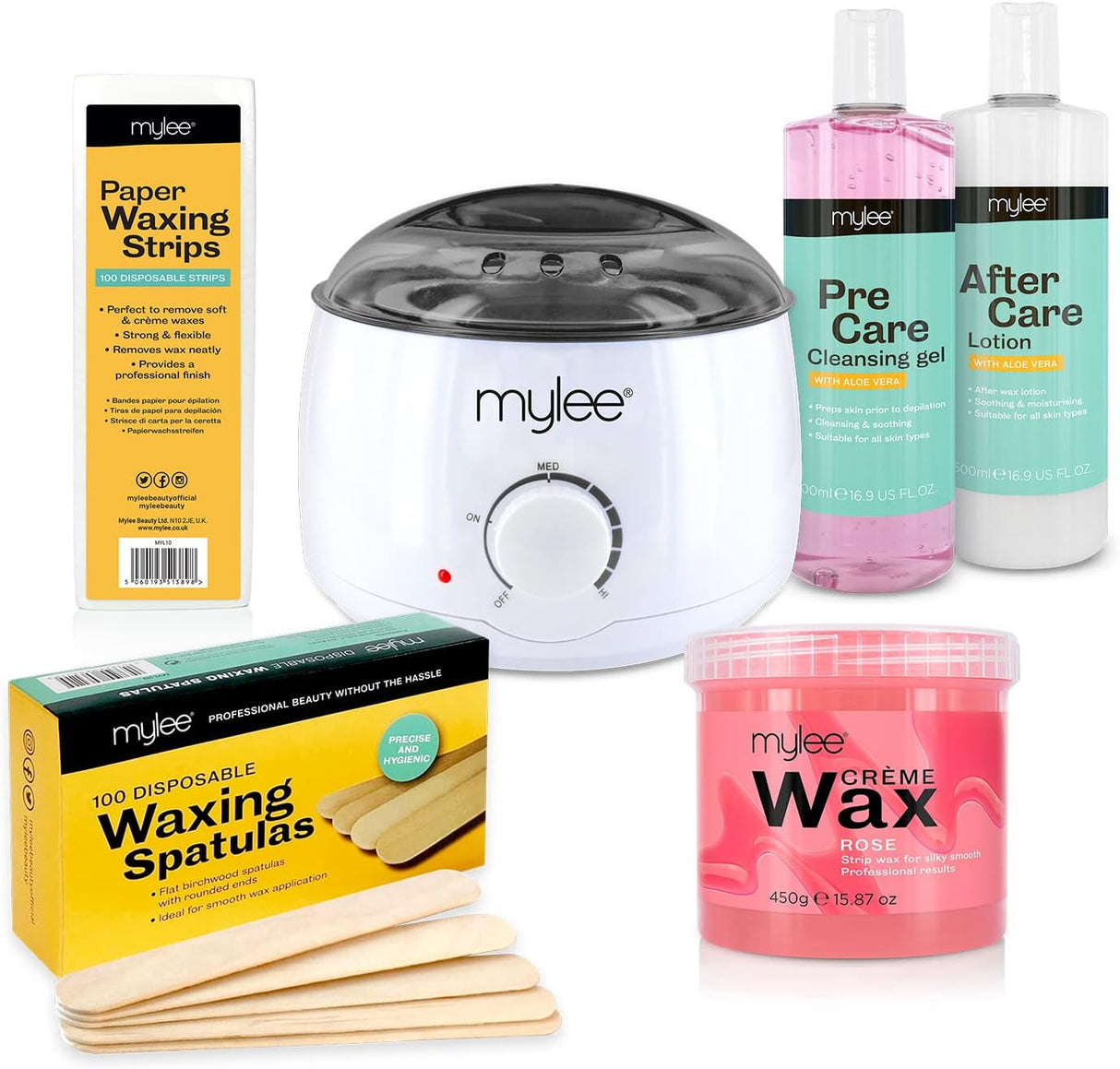 Mylee Complete Waxing Kit, Includes Salon Quality Wax Heater, Soft Cream Wax, Waxing Strips, Spatulas and Mylee Pre & After Care Lotion (Honey).